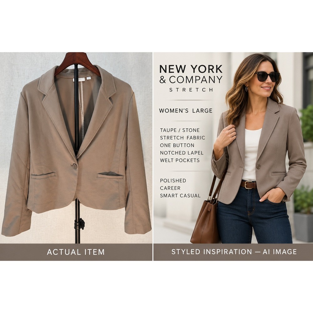 New‎ York & Co Stretch Knit Blazer Jacket Women's Large Beige Tan Classic Preppy